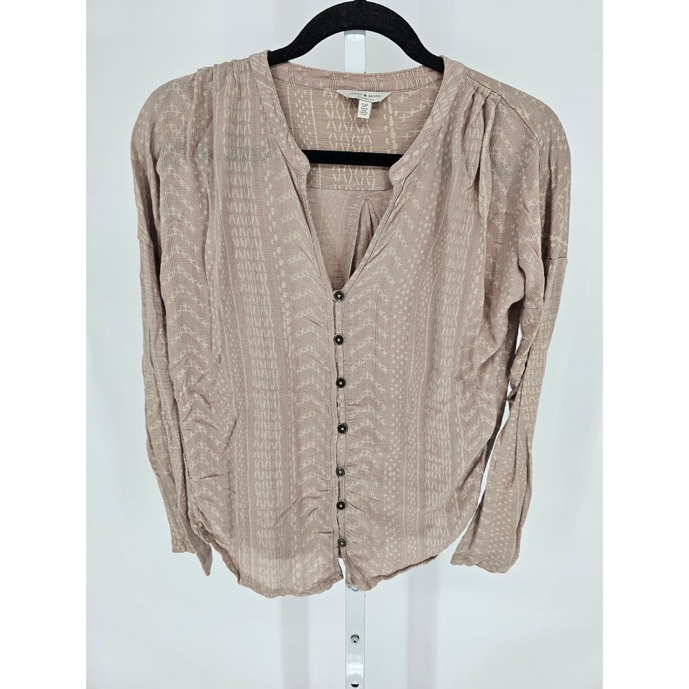 Lucky Brand Womens Sz S Long Sleeve Button Up Boho Blouse Tan Tribal Print